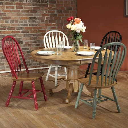 Round Solid Oak Dining Table with Color Side Chairs